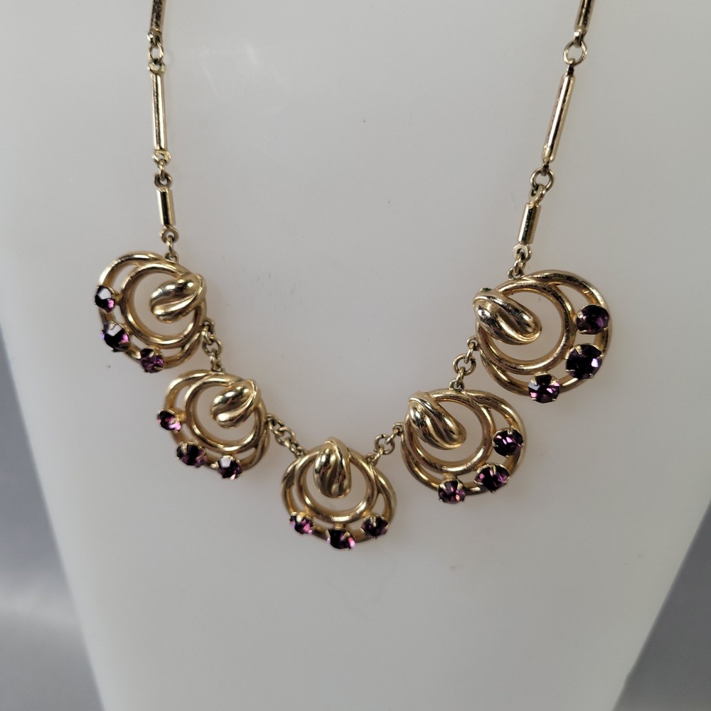 Vintage Coro Gold Tone Purple Rhinestone Bib Necklace Signed MCM 16 Inch